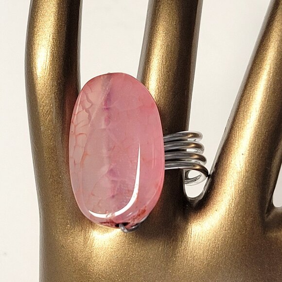 Pink Agate Veins Ring Adjustable Band Handmade Semi Precious Ring - Picture 1 of 10